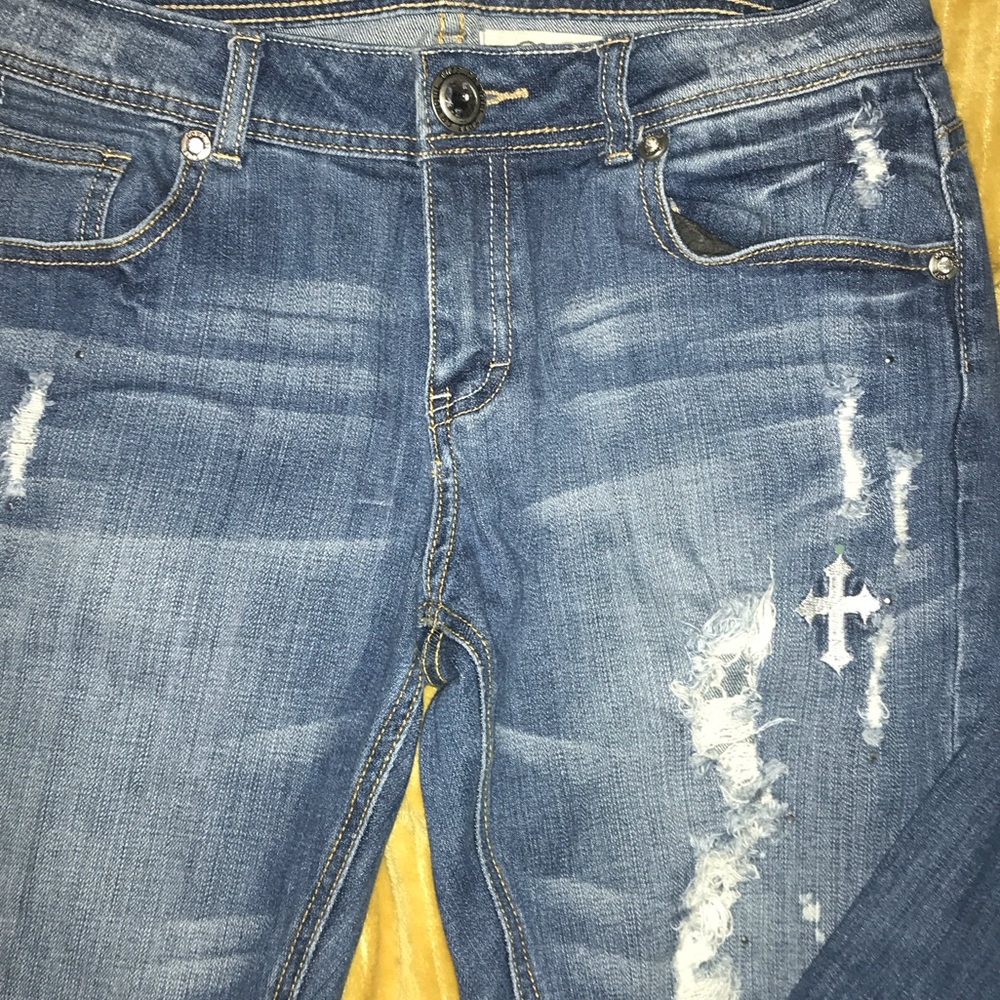Cowgirl Tuff Blue Distressed Jeans with Cross Accents